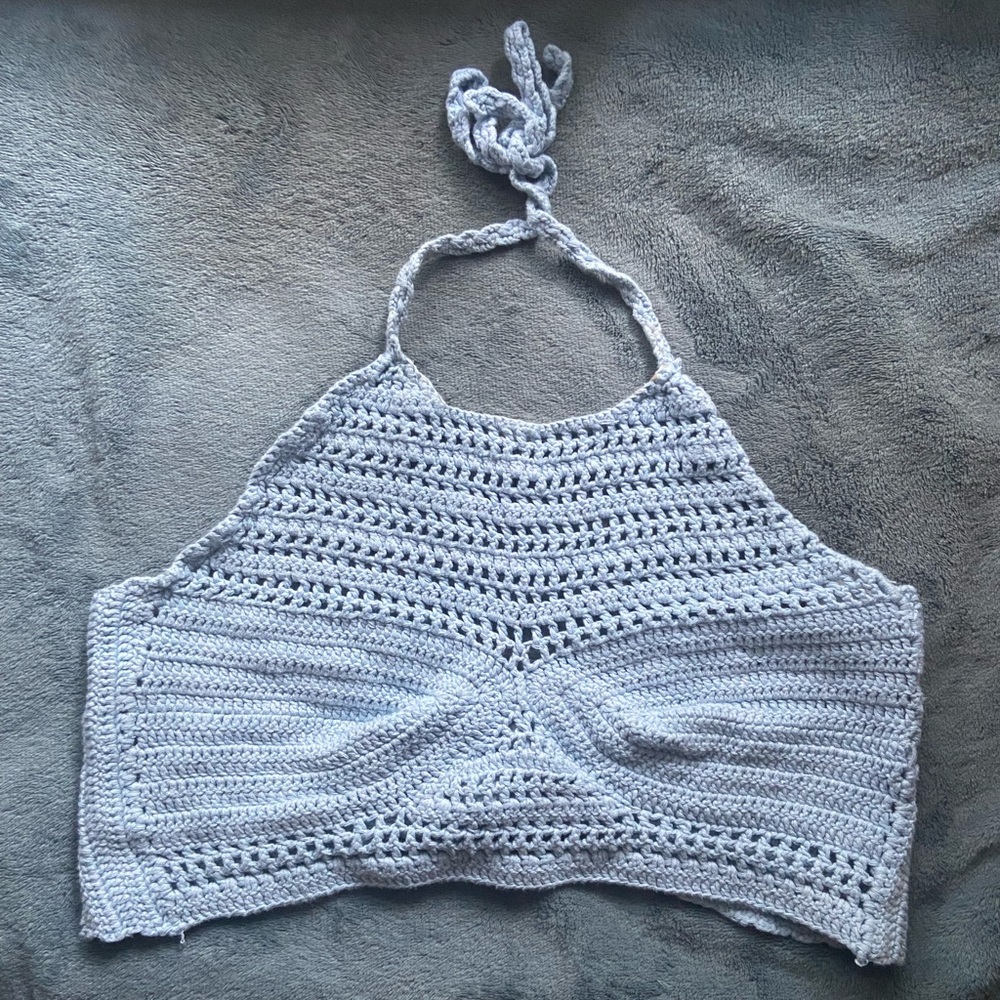 Crochet knitted blue halter top with tie back
